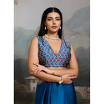 Load image into Gallery viewer, Women's Satin Crepe Printed Saree With Unstitched Blouse 5.5Mtr (Blue)
