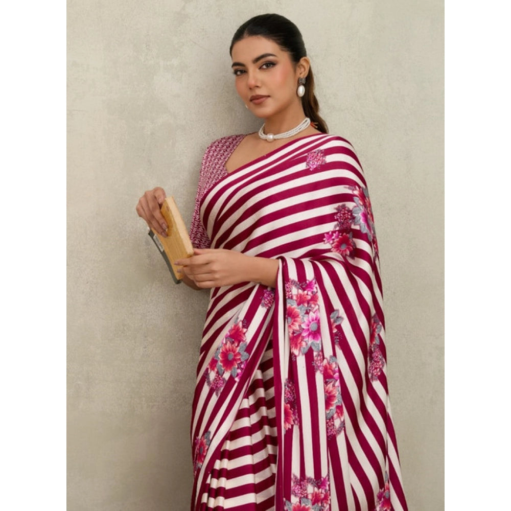 Women's satin crepe printed saree with unstitched blouse 5