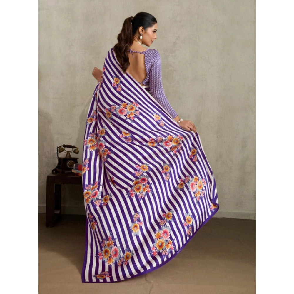 Women's satin crepe printed saree with unstitched blouse 5
