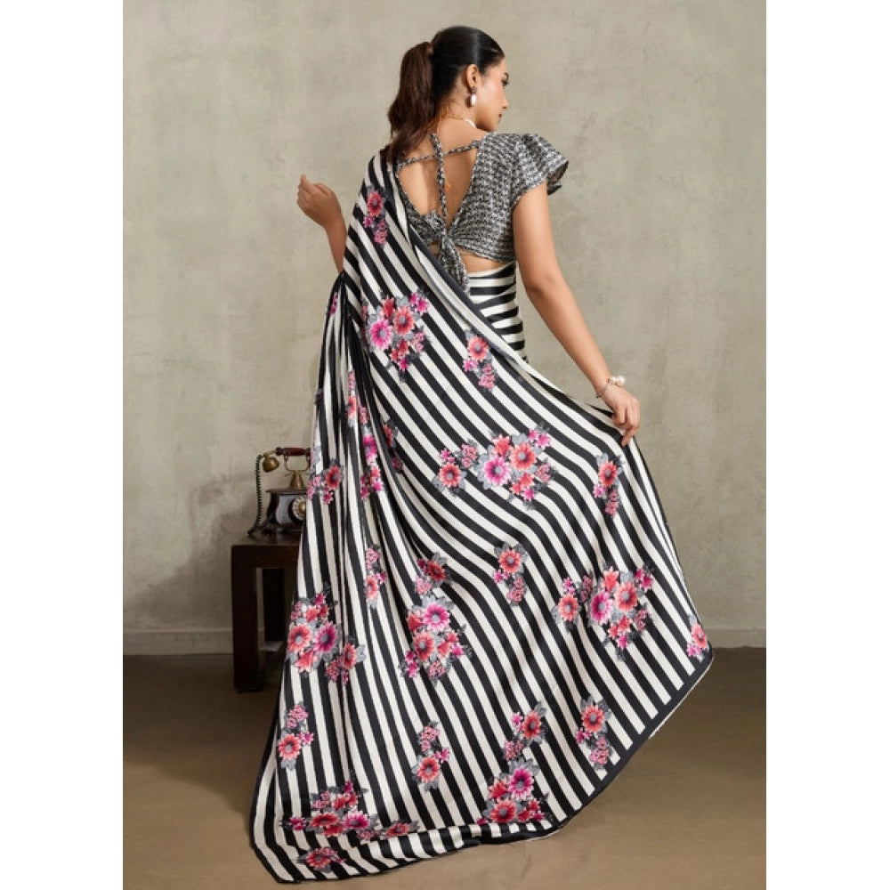 Women's satin crepe printed saree with unstitched blouse 5