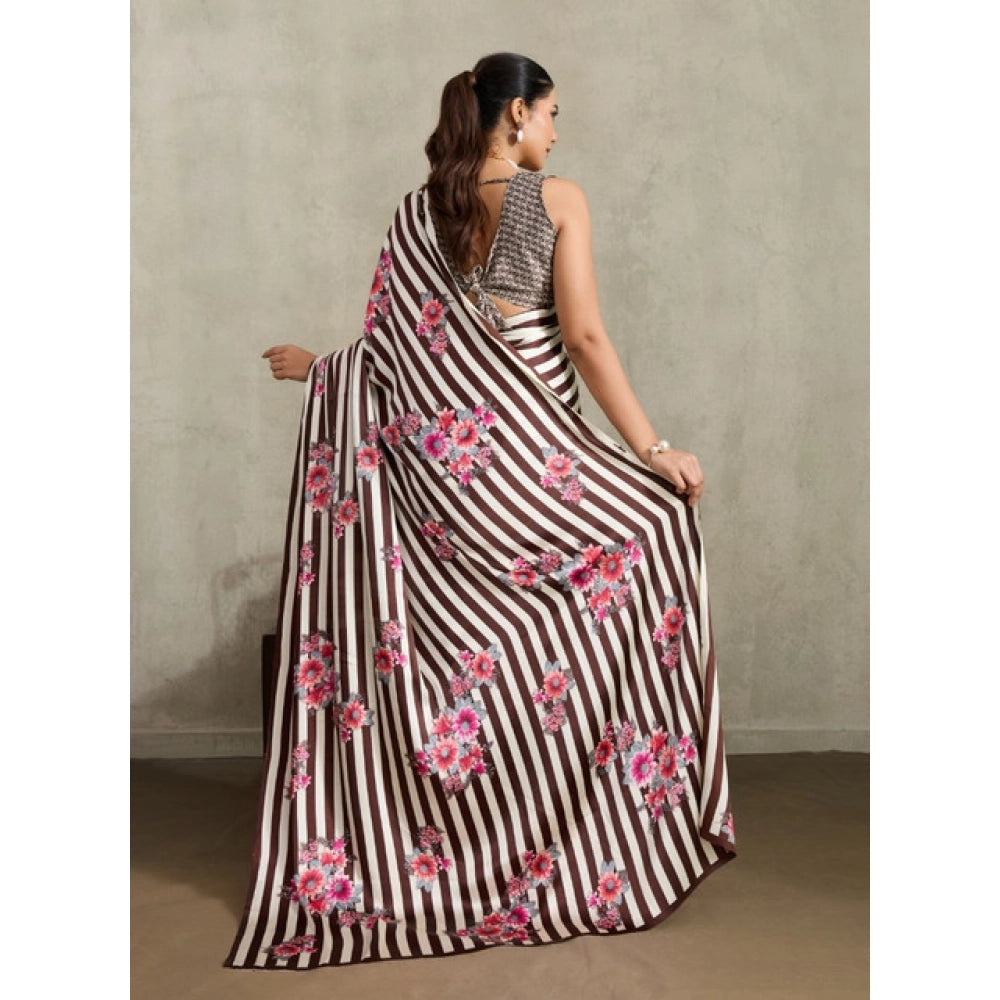 Women's satin crepe printed saree with unstitched blouse 5