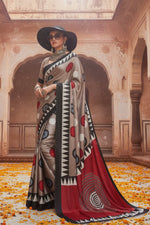 Load image into Gallery viewer, Women's Satin Crepe Ajrakh Printed Saree With Unstitched Blouse 5.5Mtr (Grey)