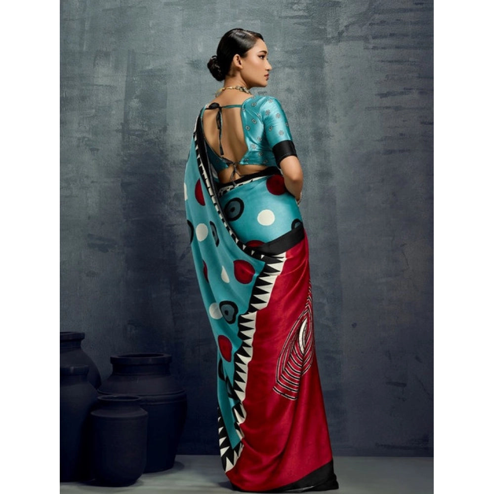 Women's satin crepe printed saree with unstitched blouse 5
