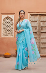 Load image into Gallery viewer, Women's Linen Printed Saree With Unstitched Blouse 5.5Mtr (light Blue)