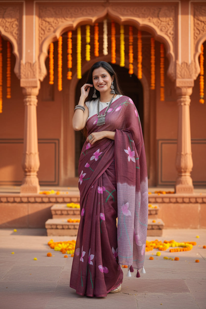 Women's linen printed saree with unstitched blouse 5