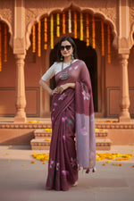 Load image into Gallery viewer, Women's Linen Printed Saree With Unstitched Blouse 5.5Mtr (Brown)