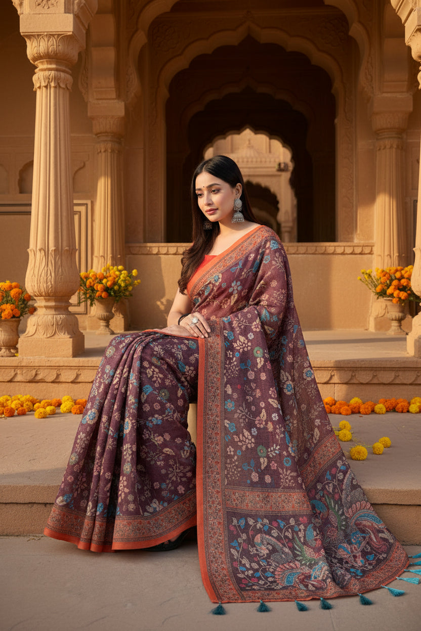Women's linen printed saree with unstitched blouse 5