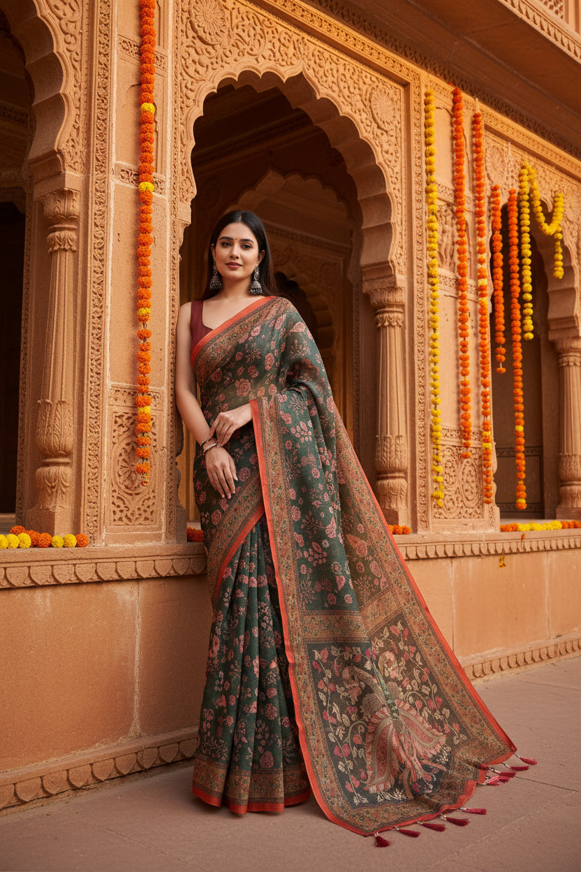 Women's linen printed saree with unstitched blouse 5