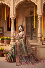 Load image into Gallery viewer, Women's Linen Printed Saree With Unstitched Blouse 5.5Mtr (Sea Green)