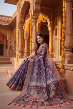 Load image into Gallery viewer, Women's Linen Printed Saree With Unstitched Blouse 5.5Mtr (Blue)