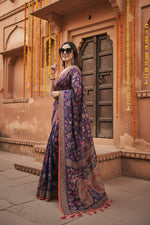 Load image into Gallery viewer, Women's Linen Printed Saree With Unstitched Blouse 5.5Mtr (Blue)