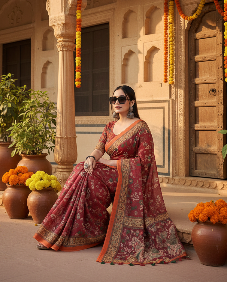 Women's linen printed saree with unstitched blouse 5