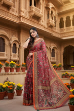 Load image into Gallery viewer, Women's Linen Printed Saree With Unstitched Blouse 5.5Mtr (Red)