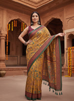 Load image into Gallery viewer, Women's Linen Printed Saree With Unstitched Blouse 5.5Mtr (Yellow)