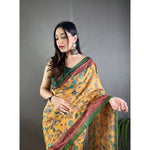 Load image into Gallery viewer, Women's Linen Printed Saree With Unstitched Blouse 5.5Mtr (Yellow)