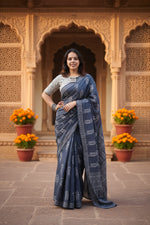 Load image into Gallery viewer, Women's Linen Printed Saree With Unstitched Blouse 5.5Mtr (Grey)