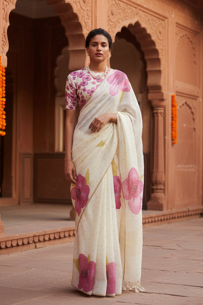 Pid 65174 women s linen printed saree with unstitched blouse 5 5 mtr white 1 1000x1000