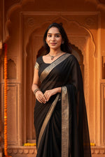 Load image into Gallery viewer, Women's Vichitra Silk Printed Saree With Unstitched Blouse 5.5Mtr (Black)