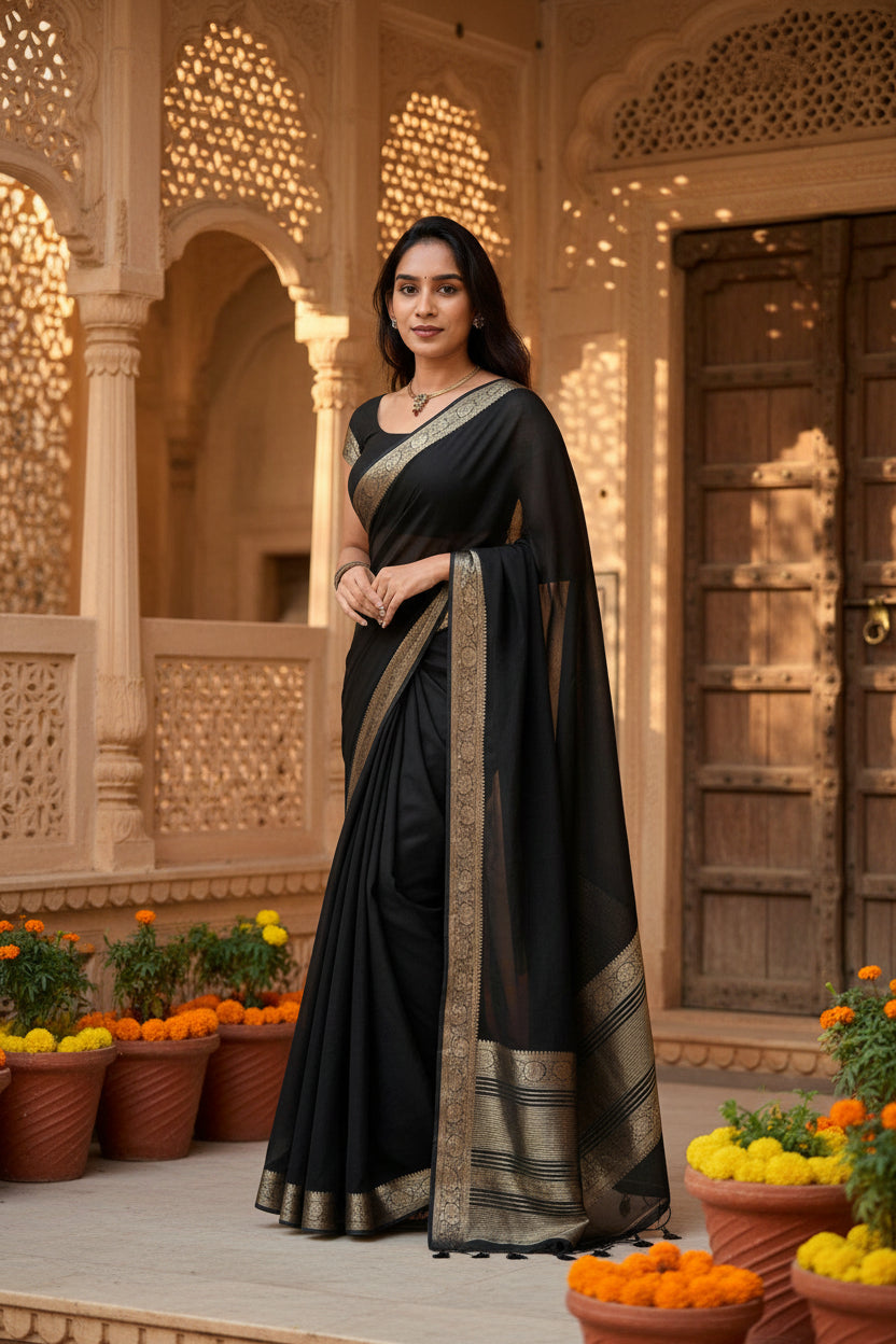 Women's vichitra silk printed saree with unstitched blouse 5