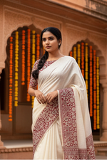 Load image into Gallery viewer, Women's Linen Printed Saree With Unstitched Blouse 5.5Mtr (White)
