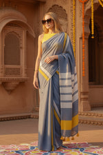 Load image into Gallery viewer, Women's Linen Printed Saree With Unstitched Blouse 5.5Mtr (Blue)