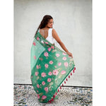 Load image into Gallery viewer, Women's Linen Printed Saree With Unstitched Blouse 5.5Mtr (Green)