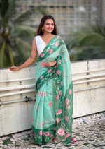 Load image into Gallery viewer, Women's Linen Printed Saree With Unstitched Blouse 5.5Mtr (Green)