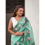 Load image into Gallery viewer, Women's Linen Printed Saree With Unstitched Blouse 5.5Mtr (Green)