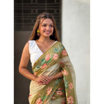 Load image into Gallery viewer, Women's Linen Printed Saree With Unstitched Blouse 5.5Mtr (Mahendi)