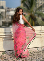 Load image into Gallery viewer, Women's Linen Printed Saree With Unstitched Blouse 5.5Mtr (Pink)