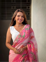 Load image into Gallery viewer, Women's Linen Printed Saree With Unstitched Blouse 5.5Mtr (Pink)