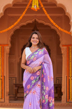 Load image into Gallery viewer, Women's Linen Printed Saree With Unstitched Blouse 5.5Mtr (Purple)