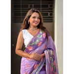 Load image into Gallery viewer, Women's Linen Printed Saree With Unstitched Blouse 5.5Mtr (Purple)