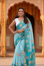 Load image into Gallery viewer, Women's Linen Printed Saree With Unstitched Blouse 5.5Mtr (Aqua)