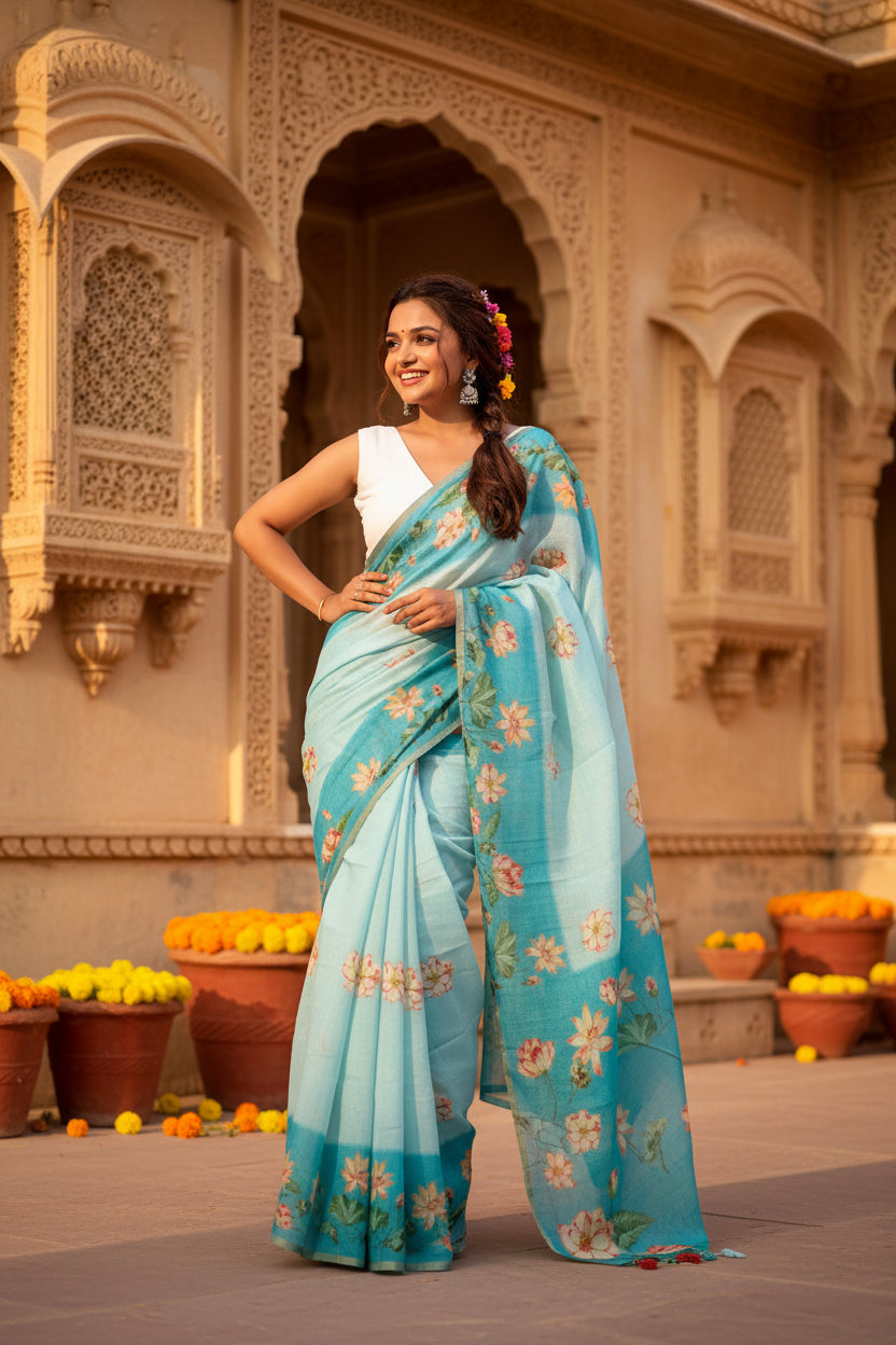 Pid 65204 women s linen printed saree with unstitched blouse 5 5 mtr aqua 3 1000x1000