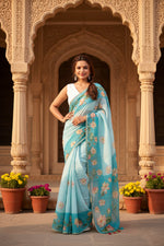 Load image into Gallery viewer, Women's Linen Printed Saree With Unstitched Blouse 5.5Mtr (Aqua)
