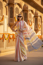 Load image into Gallery viewer, Women's Linen Printed Saree With Unstitched Blouse 5.5Mtr (Yellow)