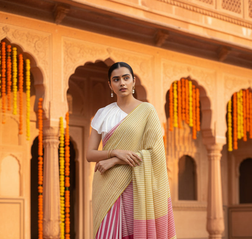 Women's linen printed saree with unstitched blouse 5