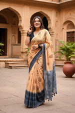 Load image into Gallery viewer, Women's Linen Printed Saree With Unstitched Blouse 5.5Mtr (Peach)