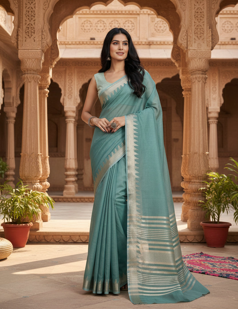 Pid 65222 women s cotton printed saree with unstitched blouse 5 5 mtr teal 1 1000x1000