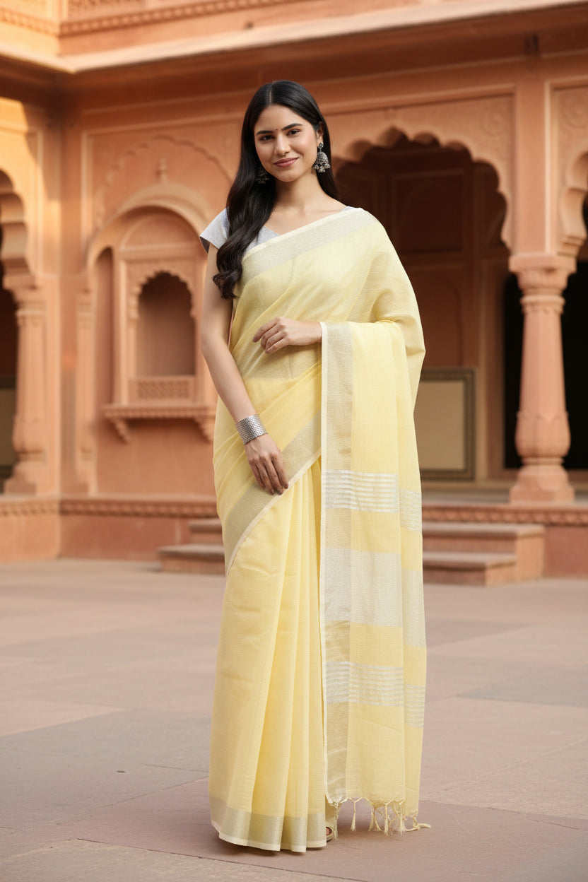 Women's linen cotton printed saree with unstitched blouse 5