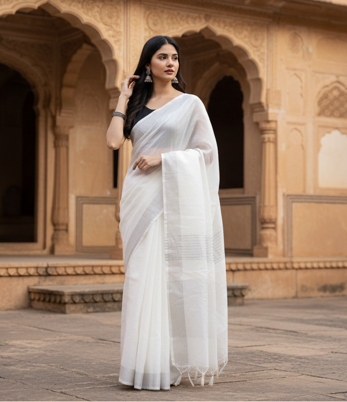 Pid 65234 women s linen cotton printed saree with unstitched blouse 5 5 mtr white 1 1000x1000
