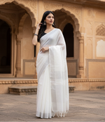 Load image into Gallery viewer, Women's Linen Cotton Printed Saree With Unstitched Blouse 5.5Mtr (White)