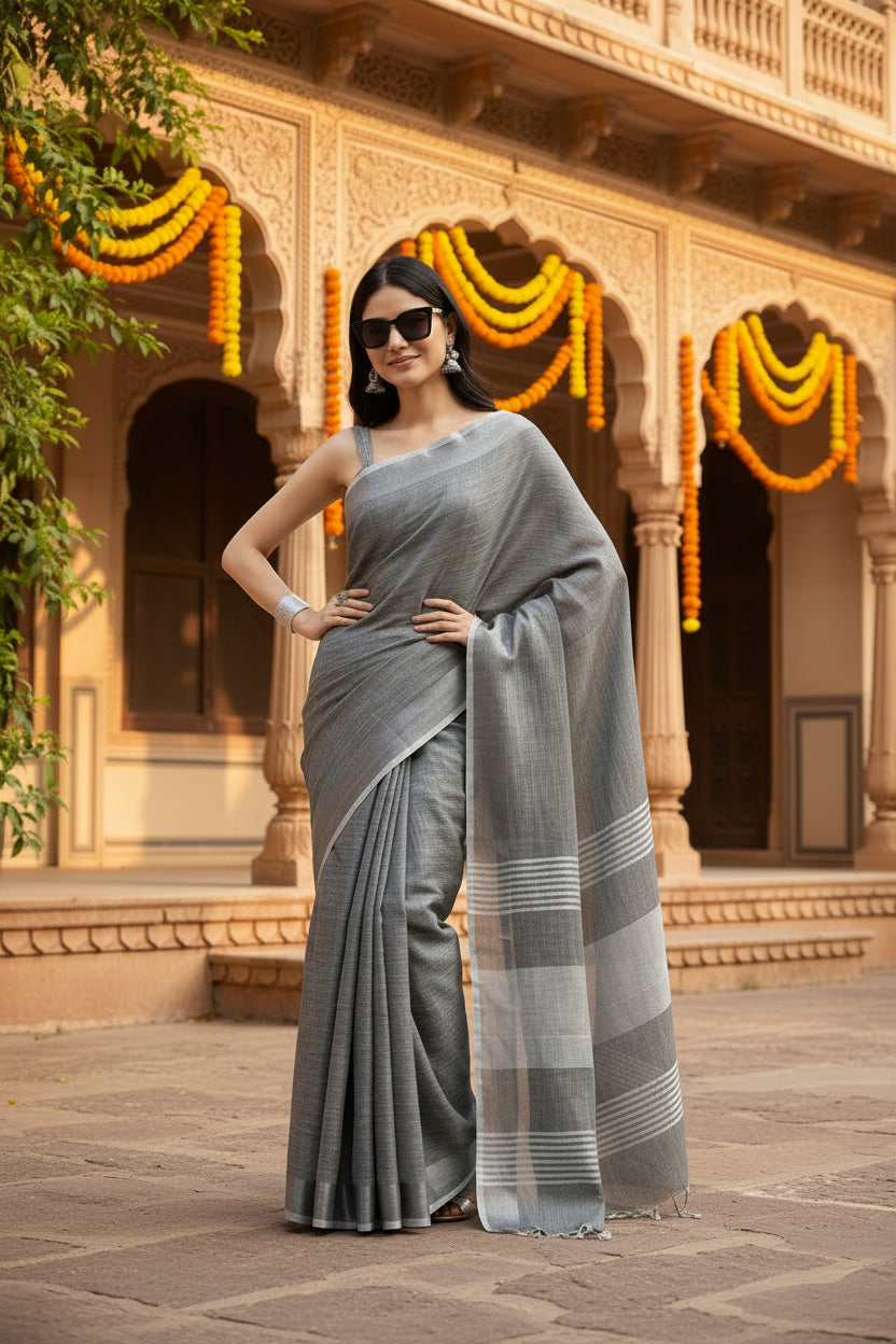 Pid 65235 women s linen cotton printed saree with unstitched blouse 5 5 mtr dark grey 1 1000x1000