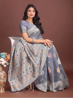 Load image into Gallery viewer, Women's Linen Cotton Printed Saree With Unstitched Blouse 5.5Mtr (Grey)