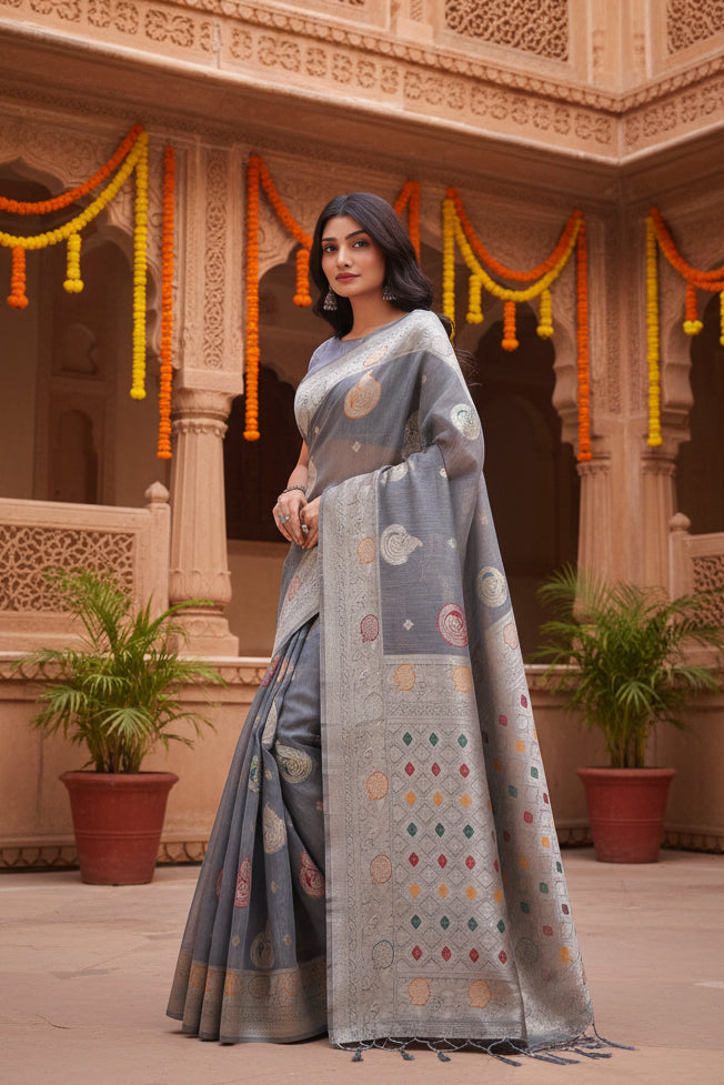 Pid 65238 women s linen cotton printed saree with unstitched blouse 5 5 mtr grey 4 1000x1000