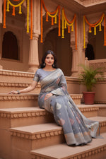 Load image into Gallery viewer, Women's Linen Cotton Printed Saree With Unstitched Blouse 5.5Mtr (Grey)