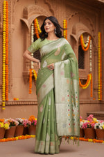 Load image into Gallery viewer, Women's Linen Cotton Printed Saree With Unstitched Blouse 5.5Mtr (Light Green)