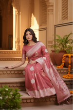 Load image into Gallery viewer, Women's Linen Cotton Printed Saree With Unstitched Blouse 5.5Mtr (Pink)