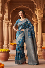 Load image into Gallery viewer, Women's Silk Blend Printed Saree With Unstitched Blouse 5.5Mtr (Teal Blue)